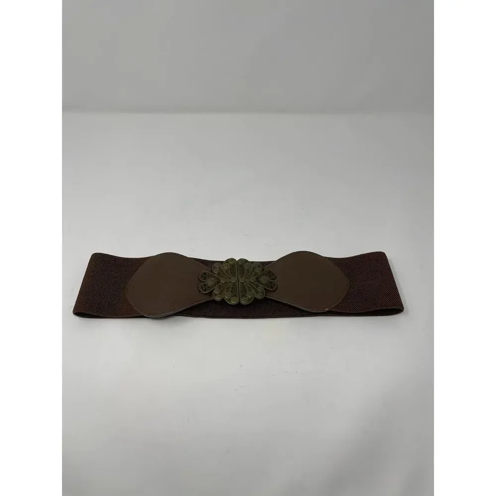 Women's Small Wide Stretch Belt‎ Boho Style Bronz Metal Leaf Clasp